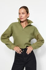 Trendyol Khaki Parachute Detail Polo Collar Zippered Stopper Fleece Crop Knitted Sweatshirt