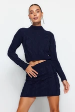 Trendyol Navy Blue Crop High Collar Knitwear Skirt Bottom-Top Set