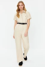 Trendyol Light Beige Belted Shirt Collar Pocket Detailed Maxi Woven Jumpsuit