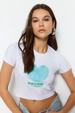 Trendyol White Heart Printed Fitted/Simple Crop Crew Neck Cotton Stretch Knitted T-Shirt