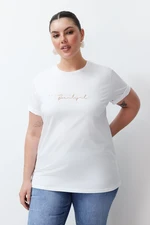 Trendyol Curve White Print and Embroidery Detail Boyfriend Knitted T-shirt