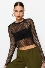 Trendyol Black Lurex Mesh Relaxed Cut Crew Neck Crop Knitted Blouse