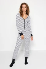 Trendyol Black-White Striped Cotton Tshirt-Jogger Knitted Pajama Set with Cuff and Piping Detail