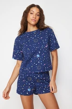 Trendyol Navy Blue 100% Cotton Galaxy Patterned Knitted Pajamas Set