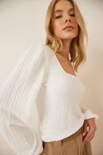 Happiness İstanbul Women's White Square Neck Textured Knitted Blouse