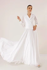 By Saygı Double Breasted Neck Stone Detailed Lined Chiffon Long Dress with Sleeves and Skirt