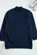 Trendyol Navy Blue Stand Collar Slit Detailed Furry Oversize Knitted Sweatshirt