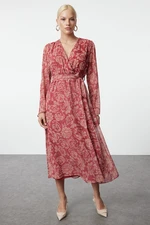 Trendyol Burgundy Floral Patterned Belted A-Line Double Breasted Collar Lined Chiffon Maxi Woven Dress