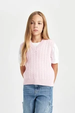 DEFACTO Girl's Pink Standard Fit V-Neck Knitted Patterned Sweater