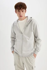 DEFACTO Gray Regular Fit Hooded Soft Furry Inside Pocket Basic Plain Zipper Sweatshirt