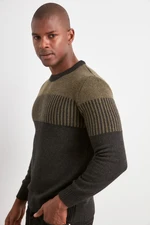 Trendyol Khaki Slim Wool Crew Neck Color Block Knitwear Sweater