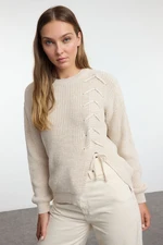 Trendyol Beige Lace and Slit Detailed Crew Neck Knitwear Sweater