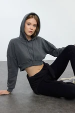 Trendyol Anthracite Cotton Crop Hooded Polar Fleece Knitted Sports Sweatshirt