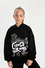 DEFACTO Girl Black Oversize Fit Wide Pattern Hooded Text Printed Sweatshirt