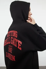 Trendyol Black Back Printed Zippered Hooded Thick Inside Fleece Oversize Knitted Sweatshirt