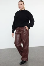 Trendyol Curve Claret Red Wide Cut Faux Leather Woven Trousers