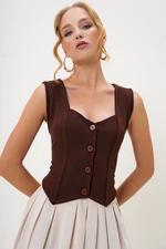 Trend Alaçatı Stili Women's Brown Heart Collar Buttoned Crop Vest