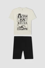 DEFACTO Girl 2-Piece Set Crew Neck Printed Short Sleeve T-Shirt Tights