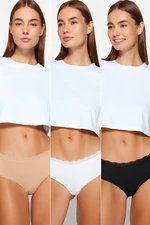 Trendyol Black-White-Nude Black 3-Pack Cotton Lace Detail Hipster Knitted Briefs