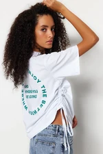 Trendyol White 100% Cotton Back Printed Gathered Oversize/Wide Cut Crew Neck T-Shirt