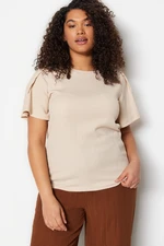 Trendyol Curve Stone Crew Neck Sleeves Pleated Knitted Blouse