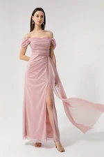 Lafaba Women's Pink Boat Collar Draped Long Glittery Evening Dress with a Slit.