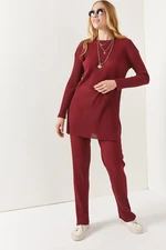 Olalook Dámský vínově červený top s rozparkem, halenka, spodní díl kalhoty Palazzo, manšestrový oblek