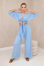 Women's set blouse with ties + trousers - pastel blue