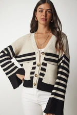 Happiness İstanbul Women's Beige Black Striped Pocket Knitwear Cardigan