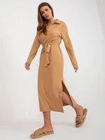 Camel ribbed midi dress