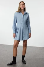 Trendyol Blue Pleated Detail Plain Mini Woven Shirt Dress