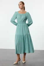 Trendyol Mint Skirt Waist Opening Square Neck Lined Woven Dress