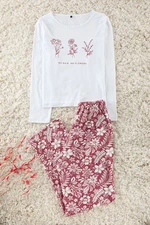 Trendyol White Cotton Floral Slogan Knitted Pajama Set