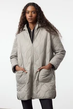 Trendyol Grey Oversize Pattern Hooded Quilted Coat