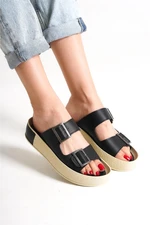 Capone Outfitters Capone Double Straps Belt with Buckle and Colorful Detailed Wedge Heel Women Black Women's Slippers.