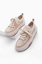 Marjin Women's High-Sole Sneakers, Linen Fabric Lace-Up Sneakers Hesna beige