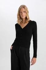 DEFACTO Fitted V Neck Basic Plain Button Rib Black Cardigan