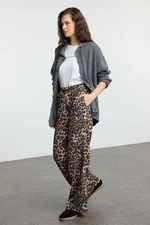 Trendyol Brown Leopard Animal Pattern Premium Wide Leg Flexible Knitted Trousers