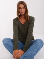 Khaki women's sweater with cables