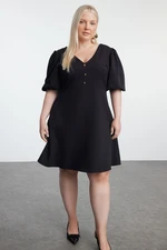 Trendyol Curve Black V-Neck Balloon Sleeve Mini A-Line Woven Plus Size Dress