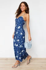 Trendyol Navy Blue Floral Adjustable Strap Polka Dot A Cut/Flare Knitted Maxi Dress