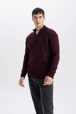 DEFACTO Men's Claret Red Standard Fit Regular Cut Bato Collar Zippered Ethnic Patterned Sweater