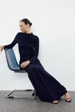 Trendyol Navy Blue Fitted High Neck Long Sleeve Flexible Maxi Knitted Dress