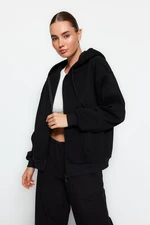 Trendyol Black Oversize/Relaxed Fit Basic Hooded Thick Inside Fleece Knitted Sweatshirt