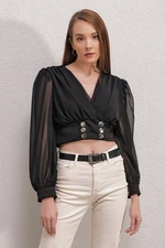 Bigdart 0464 Balloon Sleeve Crop Blouse - Black