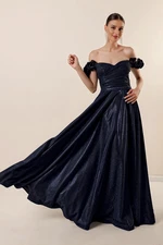 By Saygı Lettuce Shoulders, Lined Draping Glittery Long Dress, Navy Blue