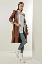 By Saygı Folded Sleeves Stripe, Waist Pleated Lined, Hooded Trench Coat.