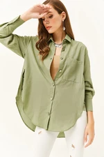 Olalook Women's Mustard Green Oversized Woven Shirt with Buttons on the Sides