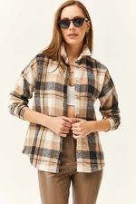 Olalook Women's Beige Navy Blue Plaid Lumberjack Shirt