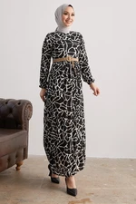 InStyle Else Stone Patterned Dress with Straw Belt - Black